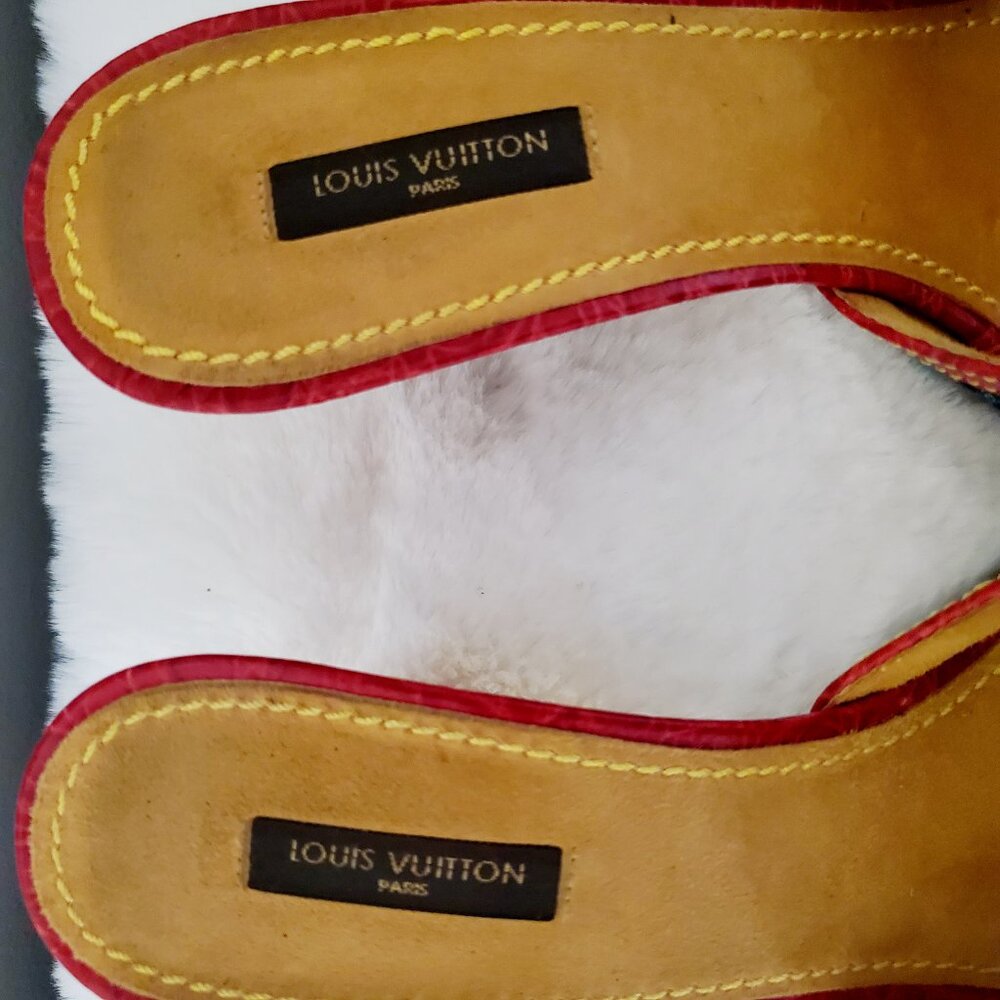Louis Vuitton Monogram Denim Slide Sandals Red Leather Y2K LV Mule Luxury Size 9 - Picture 10 of 16